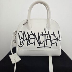 Balenciaga White Leather Dome Satchel with Black Graffiti Logo